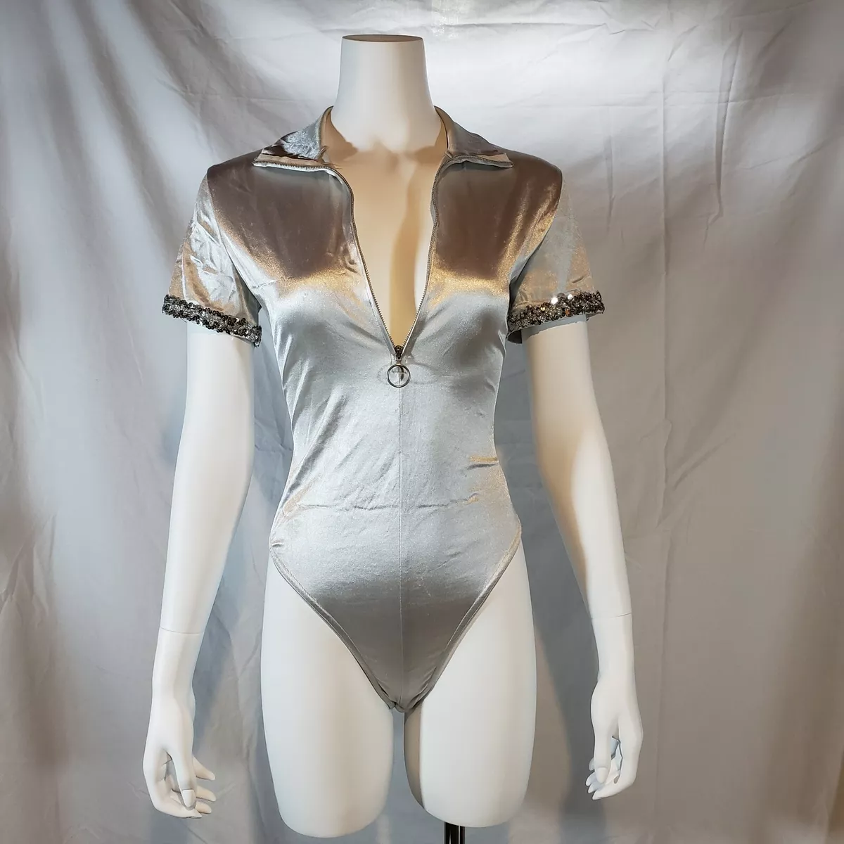 Victoria's Secret Second Skin Satin Bodysuit Teddy M High Neck Silver Zipper