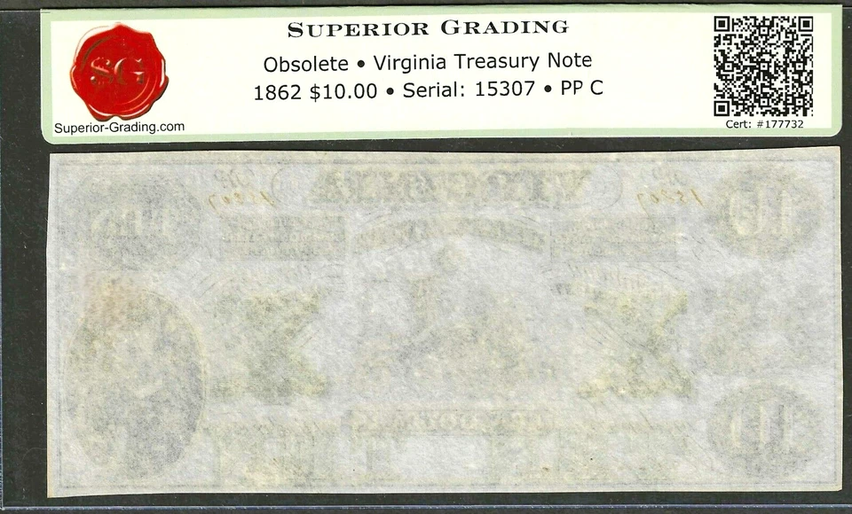 $10 1862 VIRGINIA TREASURY NOTE ~ GOV. FLOYD ~ SUPER GEM UNCIRCULATED 66 SPQ - Image 3 of 3