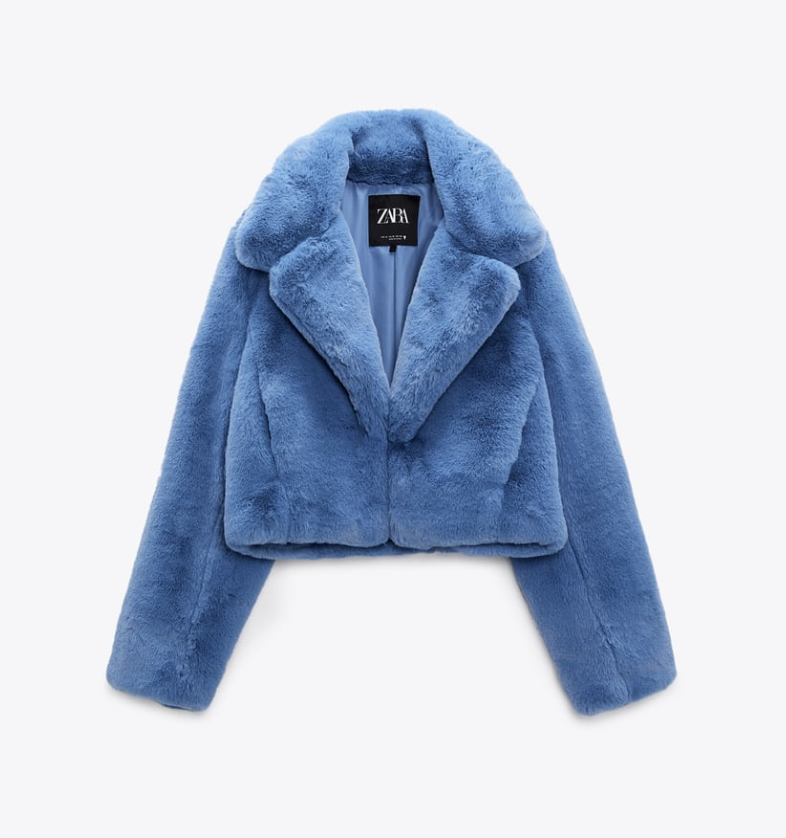 VESTE COURTE EN PELUCHE FEMME ZARA neuve en fausse fourrure bleu