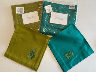 Colin Cowie Embroidered Feather Napkins Set of 8 Cotton Cloth Teal & Avocado