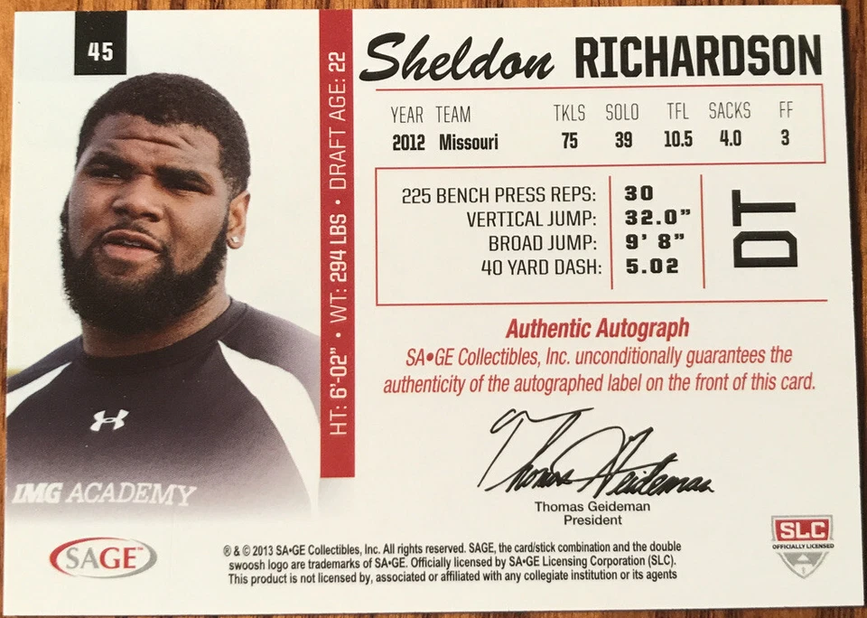 2013 SAGE Autographs Silver Sheldon Richardson #45 Missouri Tigers - Image 2 of 2
