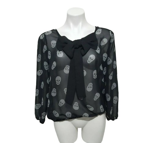 Sheer Skulls No Boundaries Blouse Women Size Large Bow  Black White Sz LG 11-13 - Picture 1 of 6