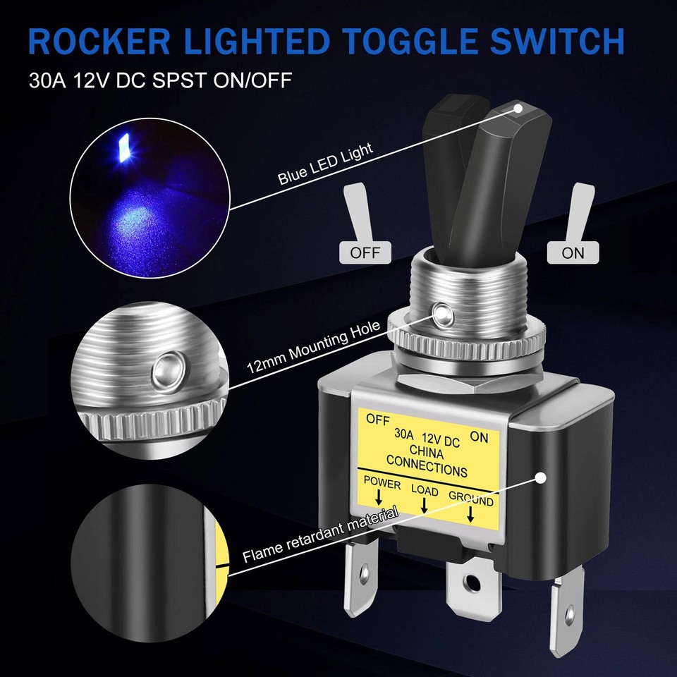 Metal Rocker Switch 2x 12V 30A SPST Blue LED 3 Pin For Marine Boat Car ...
