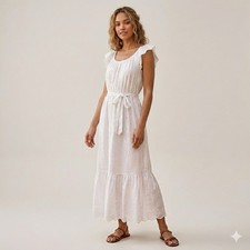Gap Women's Small White Eyelet Cotton Flutter Sleeve Tiered Midi Dress Lined Tie