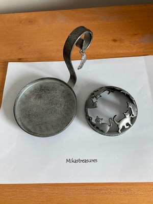 Yankee Candle Cat/Kitten Themed Pewter Jar Holder Tray & Illuma-Lid RARE!