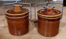 Vintage Glazed Stoneware Cheese Crocks With Wire Bails And Lids - Set Of 2
