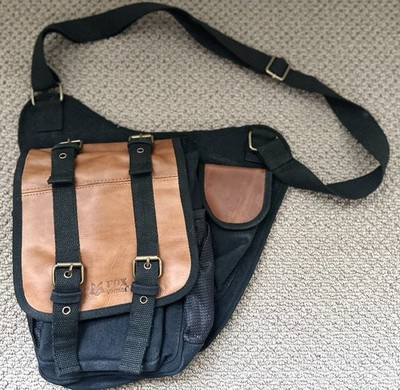 Fox Outdoor Retro Hipster Side Bag Black w. Brown Leather Trim Messenger Bag