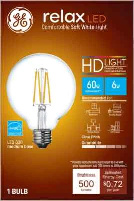 GE LIGHTING (case of 3) GE relax HD LED G30 Globe, Soft White, 6 watt, 500 lumens, medium