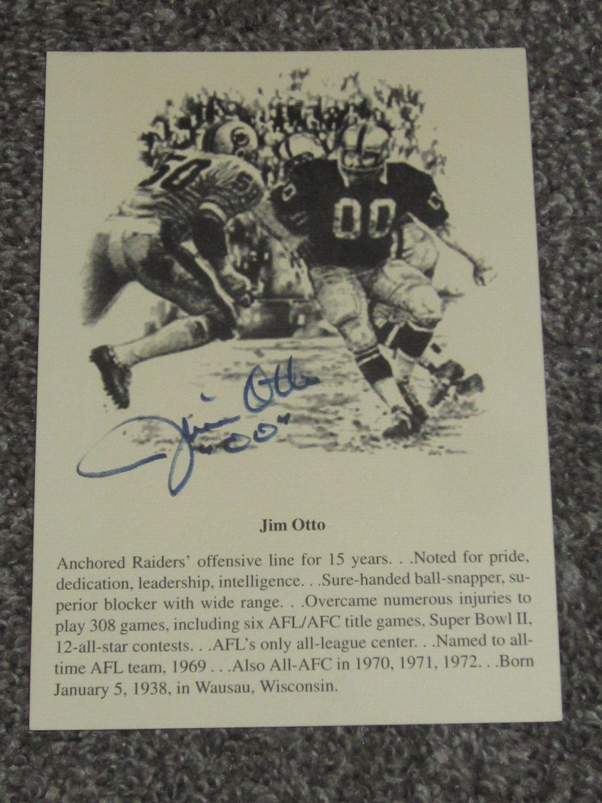 Jim Otto Autographed Signed Oakland Raiders Hand On 5 X 7 Print Hall Of Fame HOF 