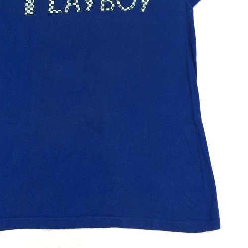 Vintage Playboy T-shirt Slim Fit Single Stitch Blue Check Bunny Logo USA Size L - Picture 3 of 11