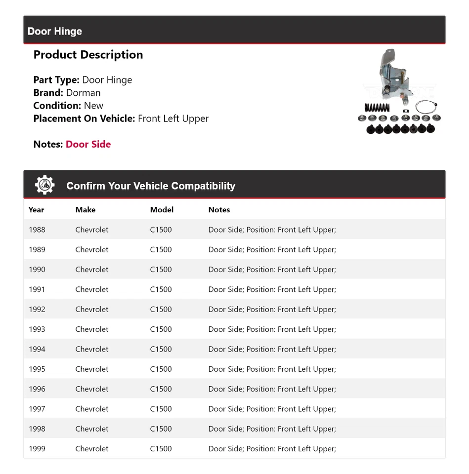 For 1988-1999 Chevrolet C1500 Dorman Door Hinge Front Left Upper 1989 1990 1991 - Image 2 of 4