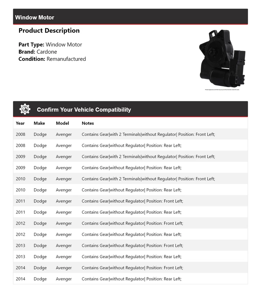 Para Dodge Avenger 2008-2014 Ventana Motor Cardone 2009 2010 2011 2012 2013 Foto 2 de 4