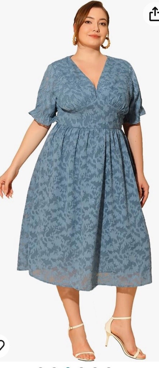 Agnes Orinda 2X Blue Gray V Neck Midi Floral Jaquard Sleeve Party Dress |  eBay