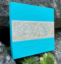 Teal Acrylic Painting with Pearl Crackle Stripe, Painting, Contemporary Painting