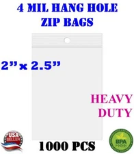 1000 - 2" x 2.5" Zip Seal Reclosable 4Mil Top Lock Bags Hang Hole Heavy Duty