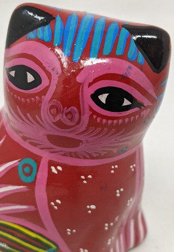 Folk Art 4" Cat With Bird On Design Hand Painted Mexico Terracotta Red Pink - Picture 11 of 19