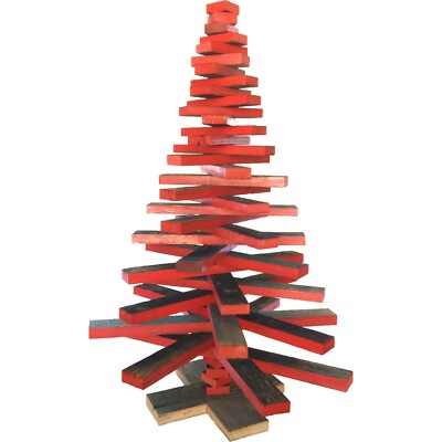 Redwood Slat Christmas Tree, Wooden Stand Included Wood Boards Painted Red Trim