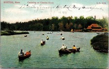 Canoeing On Charles River Boston Massachusetts DB Cancel WOB WOF Postcard