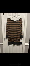 Women Grey & Brown Striped sweater dress. Wool Cotton Blend 2 front pockets L