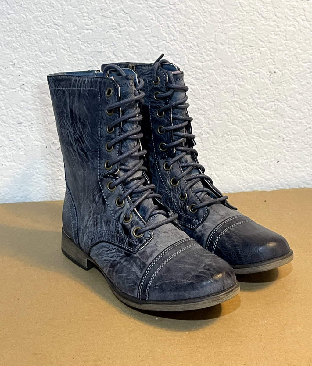 Skechers Starship Combat Boot Women Blue Distressed Side Zip