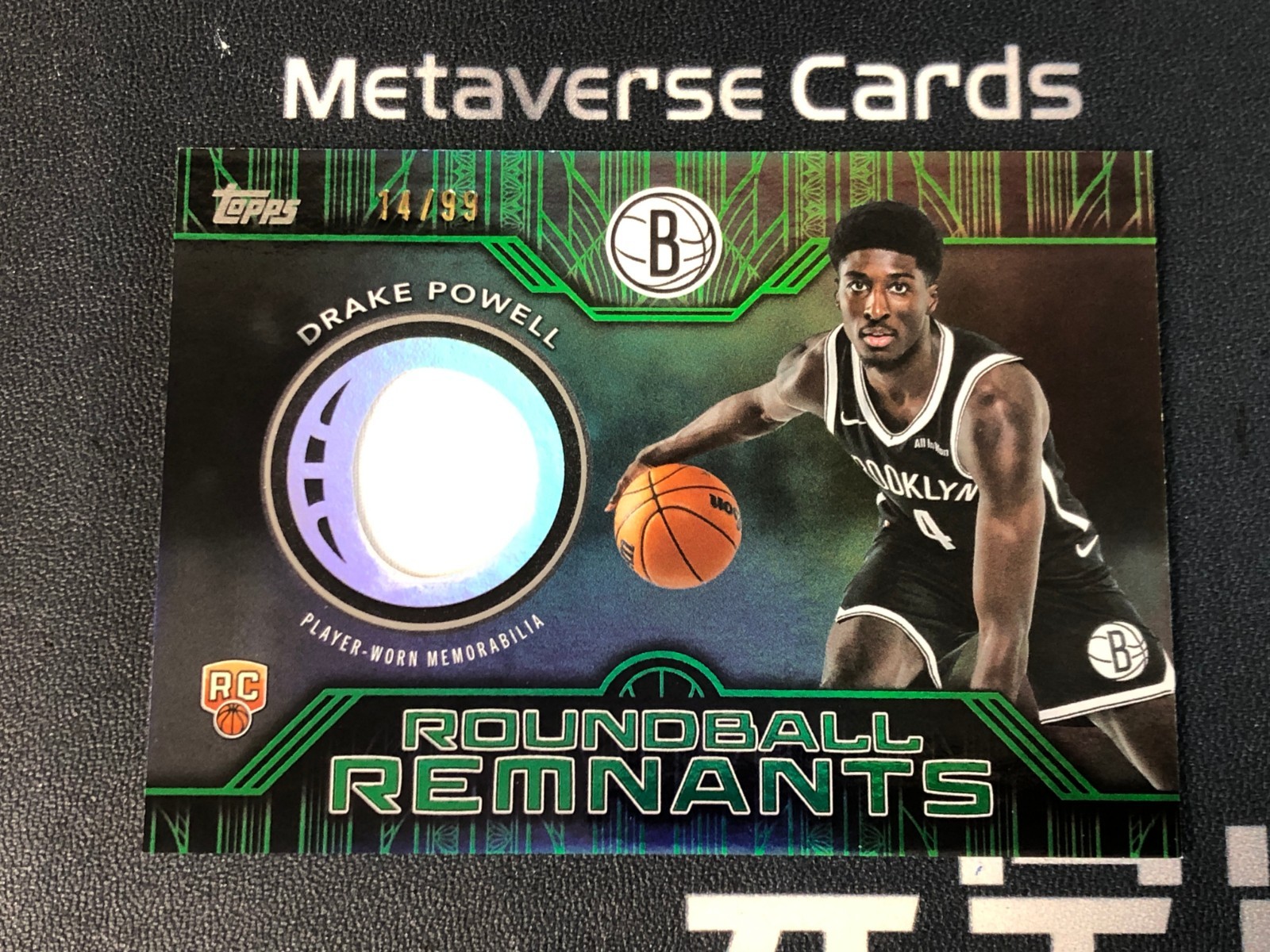 2025-26 Topps Roundball Remnants Memorabilia Green Rainbow RC Drake Powell 14/99