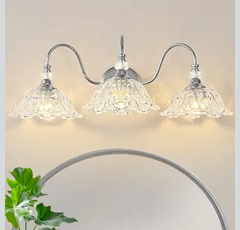 Sunkryster Brushed Chrome 3-Light Bathroom Vanity Light with Floral Clear Glass
