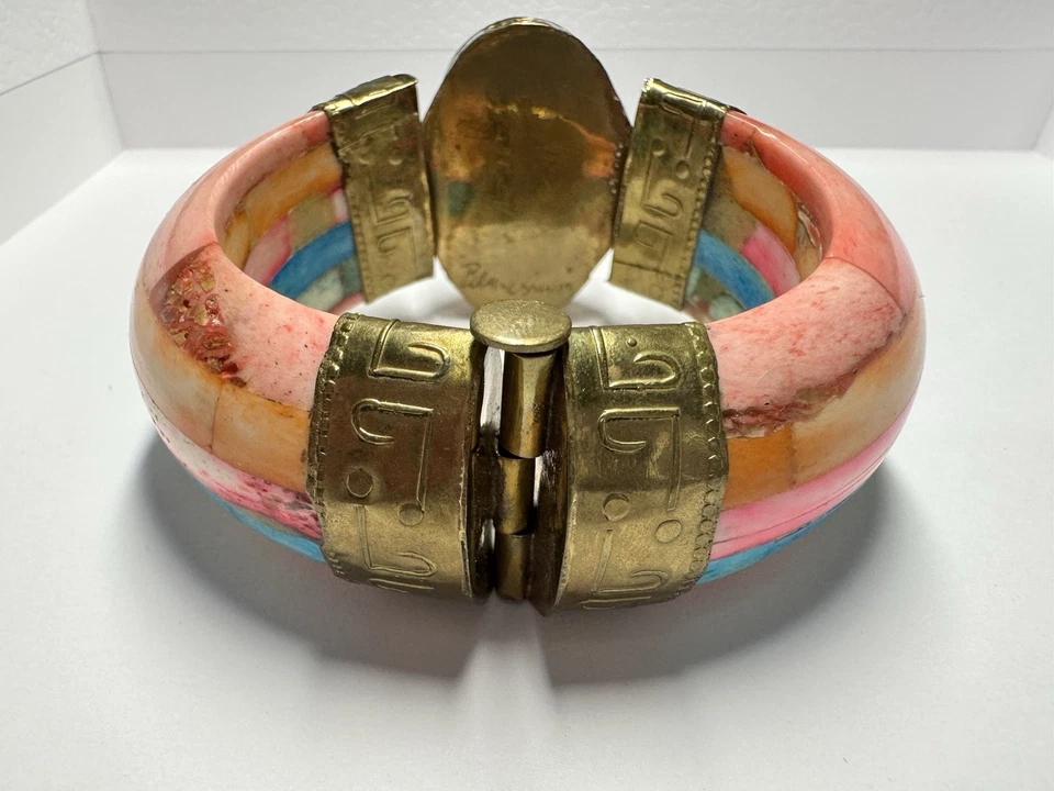 Signed Ben Amun Vintage Handcrafted Brass Piece Wide Bracelet - Image 3 of 4