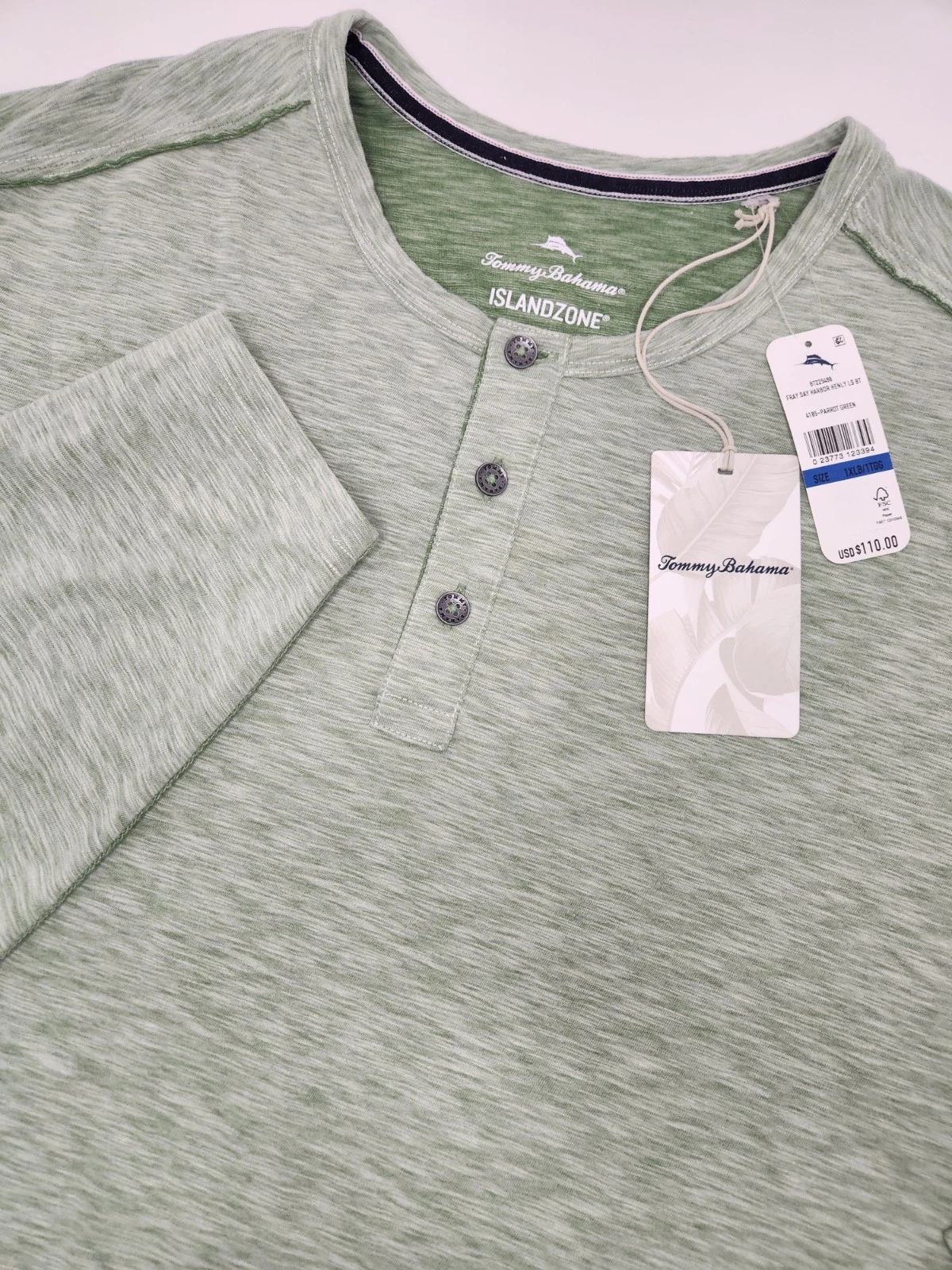 NWT Tommy Bahama Islandzone Fray Day Harbor Henley Men's 1XLB Green Heather L/S