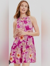 LOFT Pink Floral Halter Swing Dress Medium Boho Tiered Mini Sleeveless Tie Neck