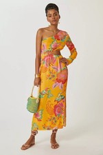 $230 Farm Rio Midi Dress Small petite SP Yellow Floral Resortwear One Shoulder
