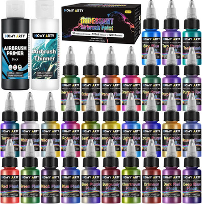 Iridescent Airbrush Paint - 30 Colors with 4.05 Fl Oz Thinner and 4.05 Fl Oz Pri