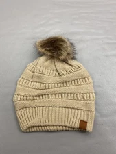 Five Below Beanie Hat Womens One Size Tan Knit Faux Fur Pom Winter Warm Soft