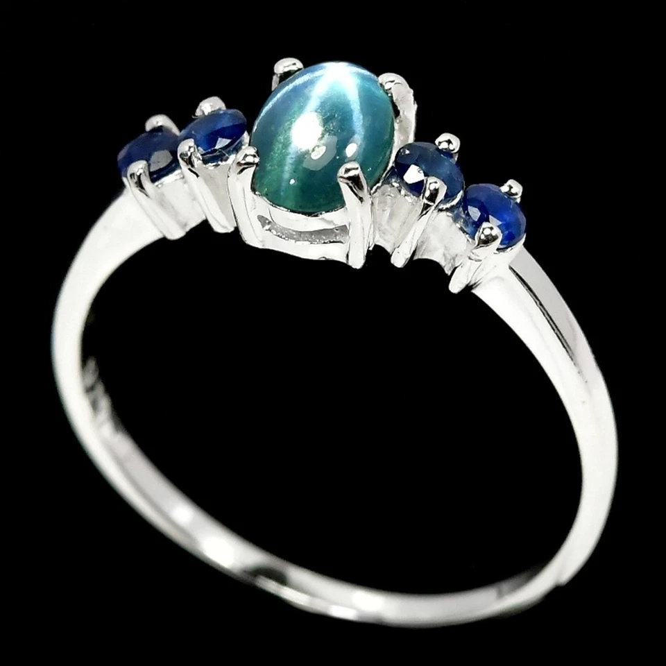 GENUINE AAA 6 RAYS STAR BLUE SAPPHIRE OVAL & ROUND STERLING 925 SILVER RING 6.25 - Image 2 of 4