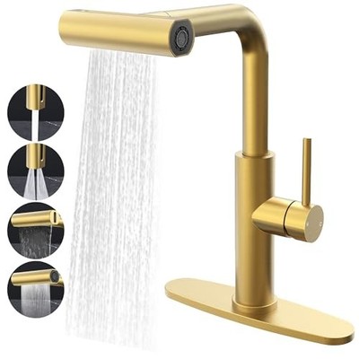 Waterfall Kitchen Faucet with Pull Down Sprayer, Brass Gold Brushed Gold