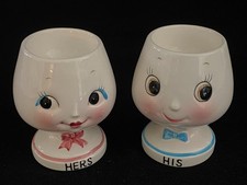 Vintage Ceramic Enesco His & Hers Anthropomorphic Egg Cups Faces E - 8253 Japan