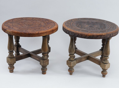 Pair Of Hand Tooled Leather Top Stool's Peru Mayan Aztec Warrior