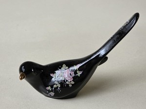 Fenton Black Milk Glass Happiness Bird Figurine. Handpaited Roses. Signed 