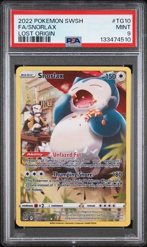2022 POKEMON SWORD & SHIELD FA LOST ORIGIN #TG10 FULL ART SNORLAX PSA 9