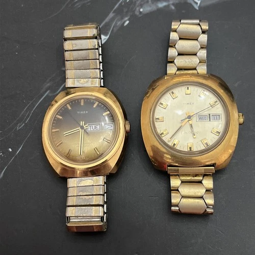 Vintage 1970s Timex Gold Tone UFO Men's Date Date Watch Parts Lot of 2x AS IS