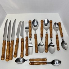 15 piece Lot of Stainless Flatware Wooden han...