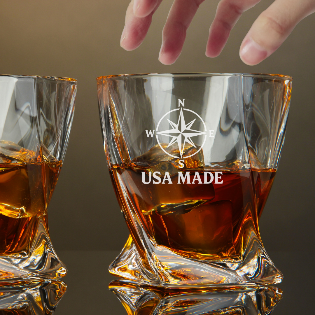 Custom Engraved Compass Rose USA Made Whiskey Glass – 10 oz Twisted Rocks Glass