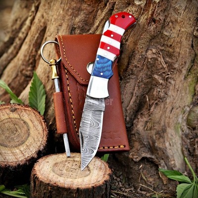 Damascus Steel Pocket Knife with Sharpner + Leather Sheath American Flag Handle.