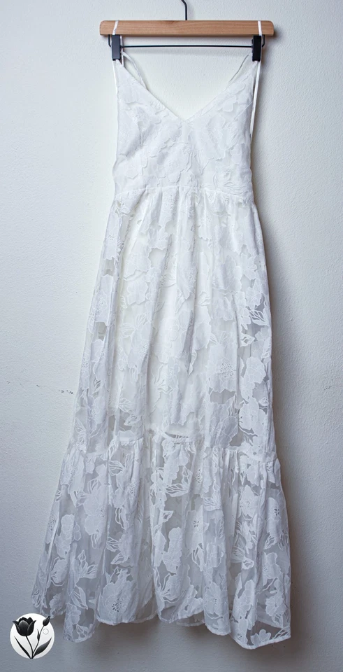 Vestido Lulus Talla S Blanco Jacquard Organza Con Cordones Midi Floral Novia Foto 3 de 4