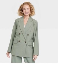 A New Day Women's Double Breasted Blazer Jacket Back Slit Mid Length Green Sz S