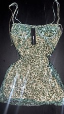 Fashion Nova Green Sequin Beaded Mesh Sweetheart Neck Mini Bodycon Dress S
