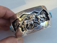 VTG Native American Running Horses Sterling Silver Turquoise Cuff Bracelet Sign