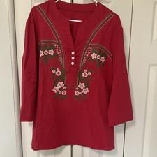 Red Cotton Embroidered Kurta Medium 3/4 Sleeve Women's Floral