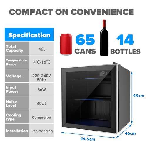 Mini Bar Fridge Portable Small Glass Door Beverage Refrigerator Cooler 46L Black - Picture 3 of 13