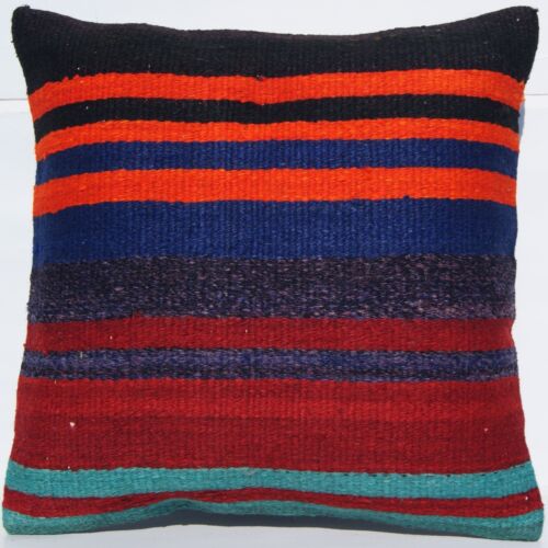 STRIPED RUG CUSHION HAND WOVEN 4 KILIM PILLOW 16" SQUARE WOOL TURKISH AREA RUG - Picture 3 of 5