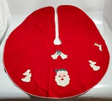 Christmas Tree Skirt Red Felt Santa Angels Reindeer Appliques Mid Cent 33" D Vtg